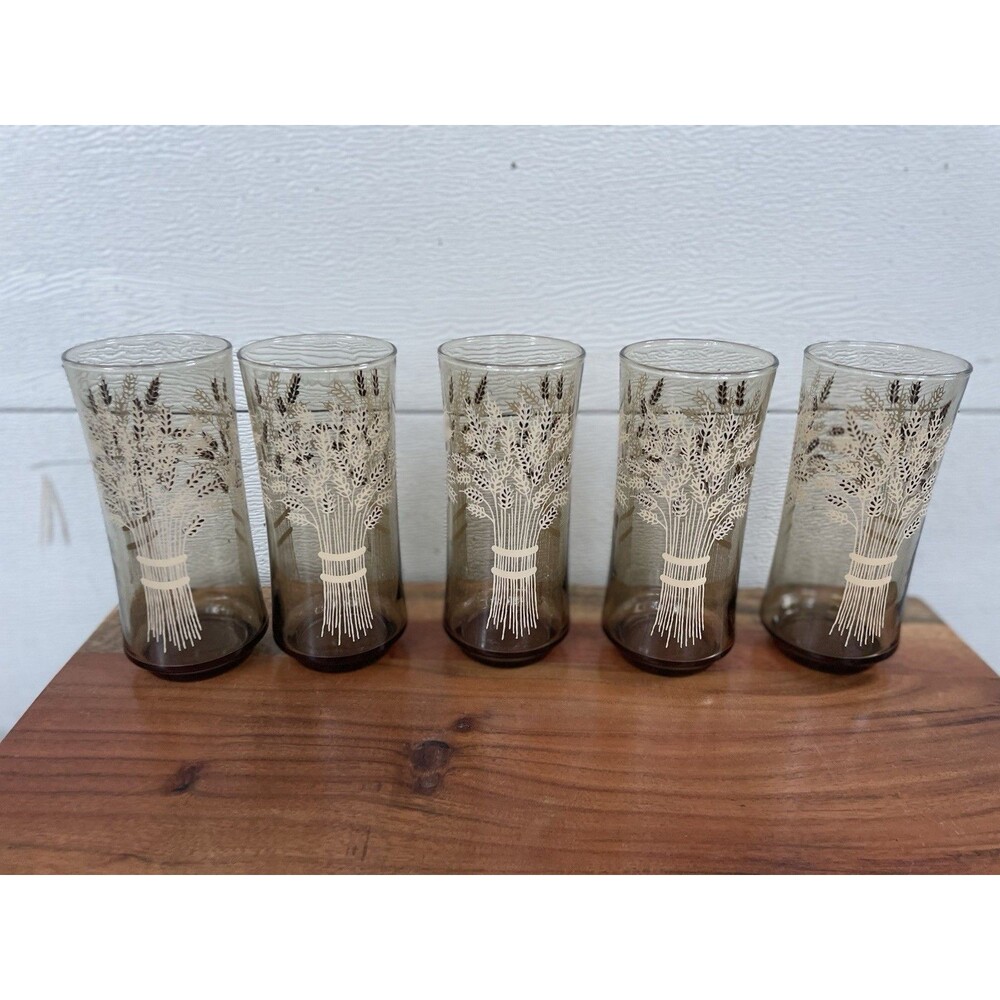 VTG Libbey Franco Wheat Smokey Amber Tumblers 16oz Set of 5 MCM Glasses EUC